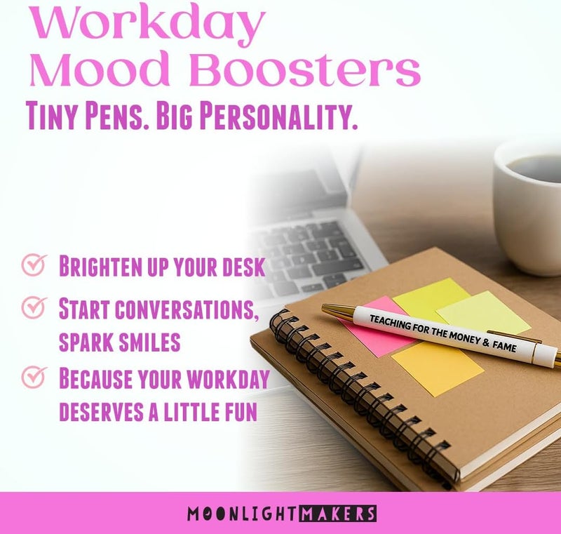 Moonlight Makers - Set of 5 Ballpoint Pens Black Ink - Engraved Funny Pens for Adults - ADHD Girlie Appreciation Adult Gifts - Ideal Desk Decor for Work and Office Desk - Cute Packaging, Handy Clips - Image 5